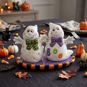CIB Friendly Ghosts Salt and Pepper Set with Tray, Displayed Only, Never Filled